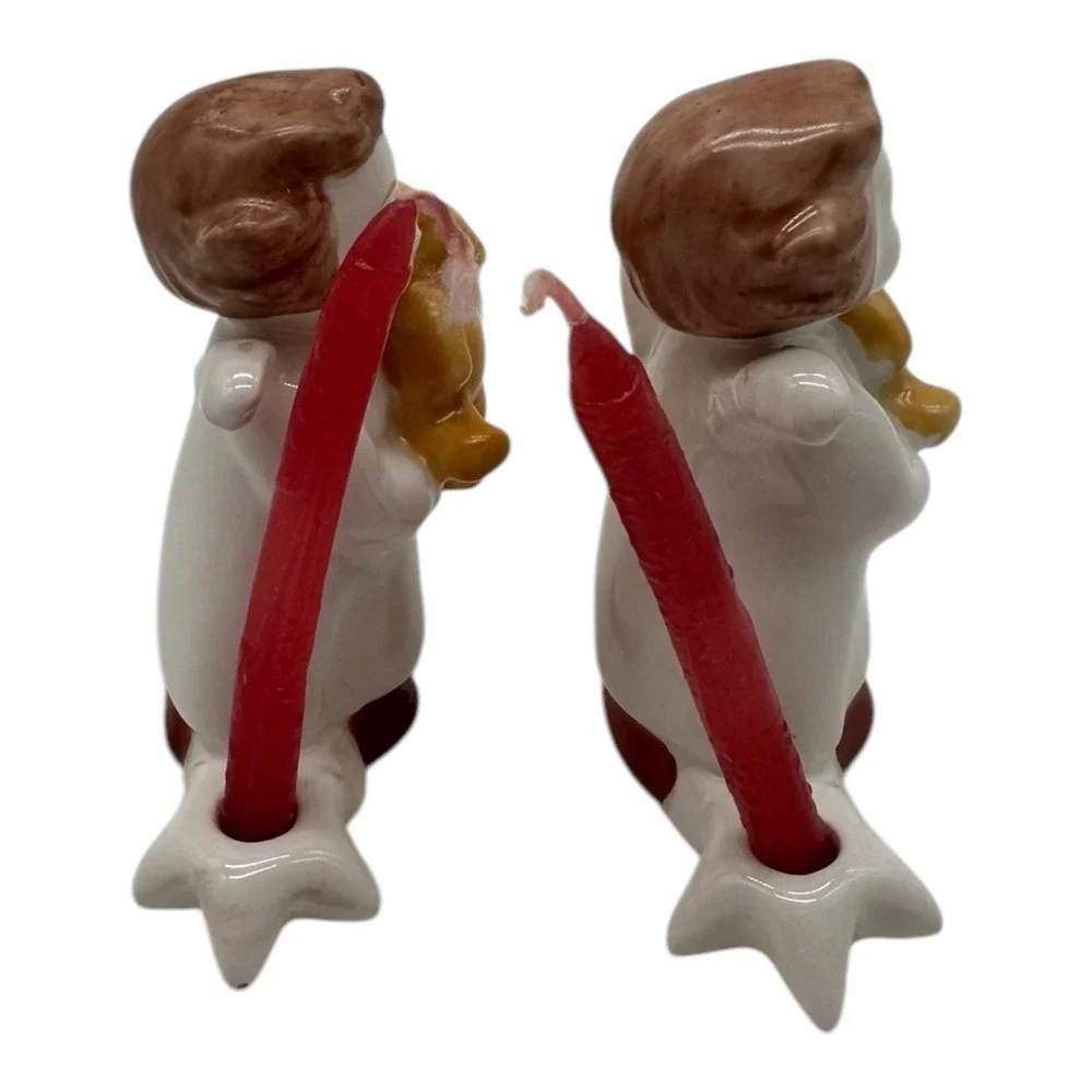 2 Vintage Goebel‎ Christmas Candle Holders Angel w/ Teddy Bear 2.5